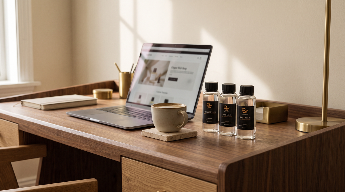 Laptop with an online fragrance shop beside three Pip & Wells fragrance oils and a cup of coffee