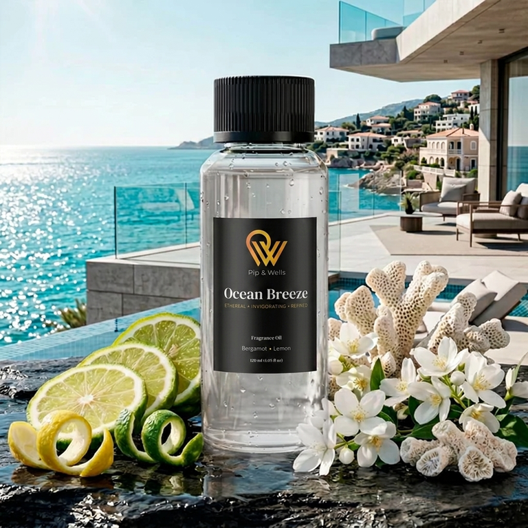 Pip & Wells Ocean Breeze, doftolja 120 ml, flaska med illustrationer av doftnoter