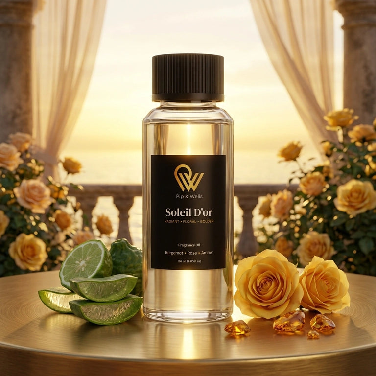 Pip & Wells Soleil D'or, doftolja 120 ml, flaska med illustrationer av doftnoter