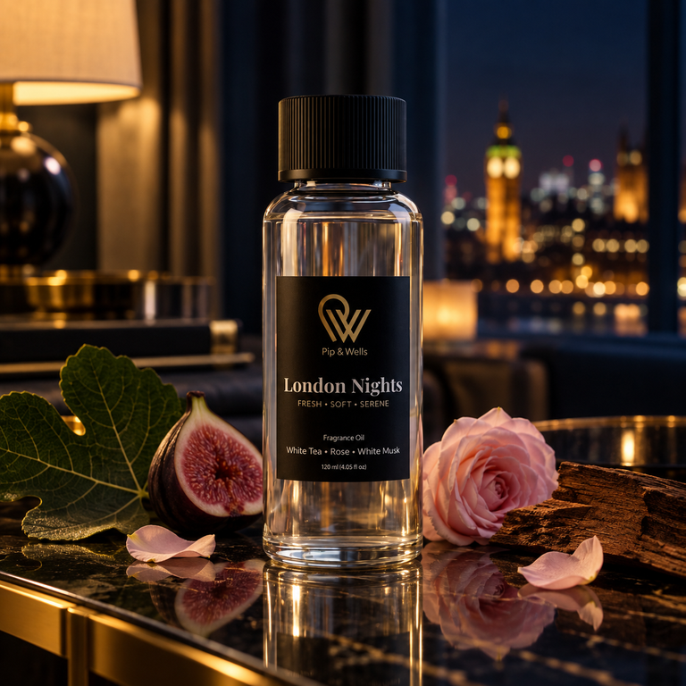 Pip & Wells London Nights, doftolja 120 ml, i en mjukt belyst interiör på kvällen