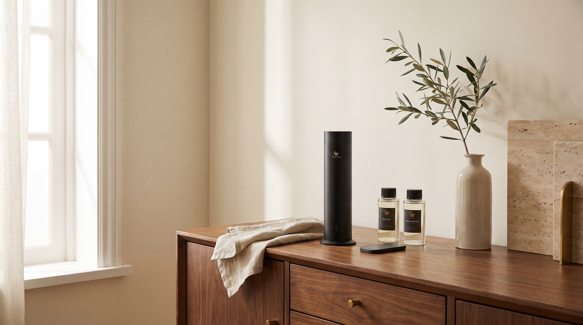 Matte black Pip & Wells Pure One waterless diffuser on a walnut sideboard with remote control and fragrance oils
