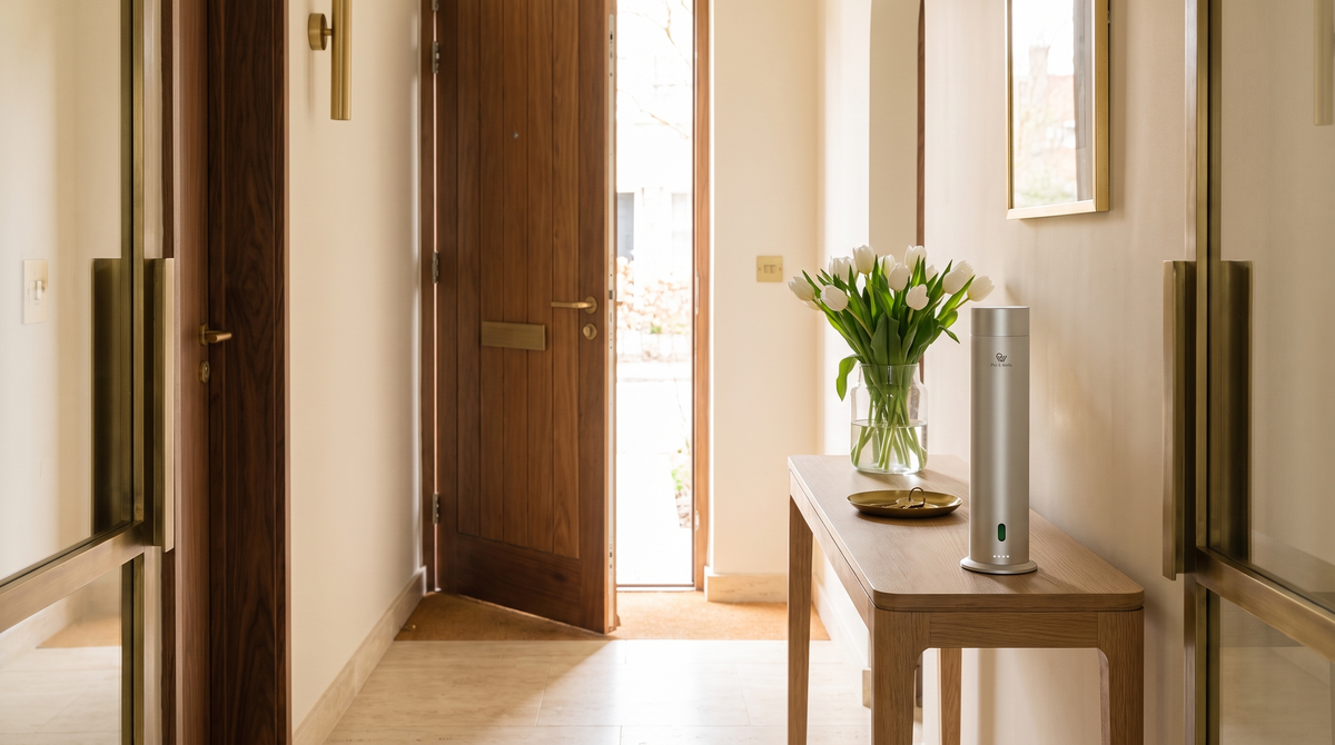 Matte silver Pure One diffuser on an oak console in a bright entrance hall prepared for a home viewing