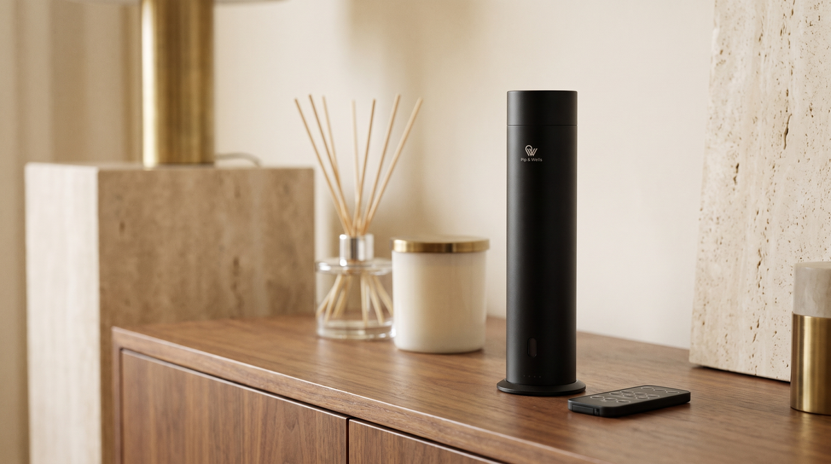 Matte black Pure One diffuser beside a reed diffuser and a candle on a walnut sideboard