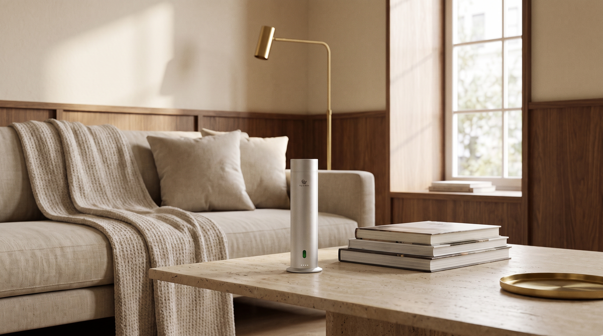 Matte silver Pure One diffuser on a travertine coffee table in a warm living room