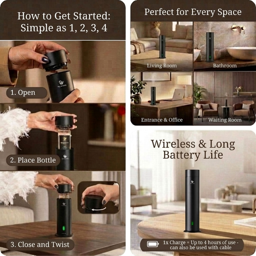 Matte black Pure One aroma diffuser on a sideboard in an open living area
