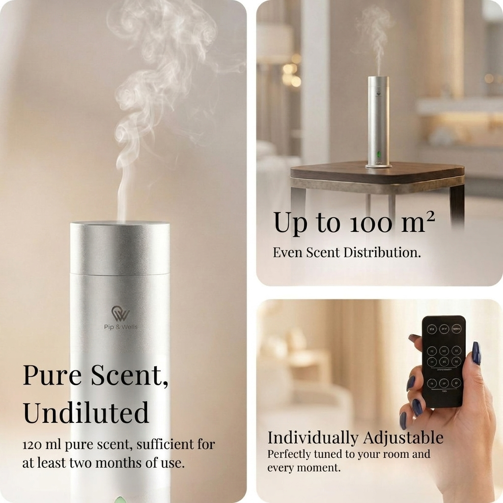 Pip & Wells Pure One aromadiffusor i matt silver med text om doftspridning och inställningar