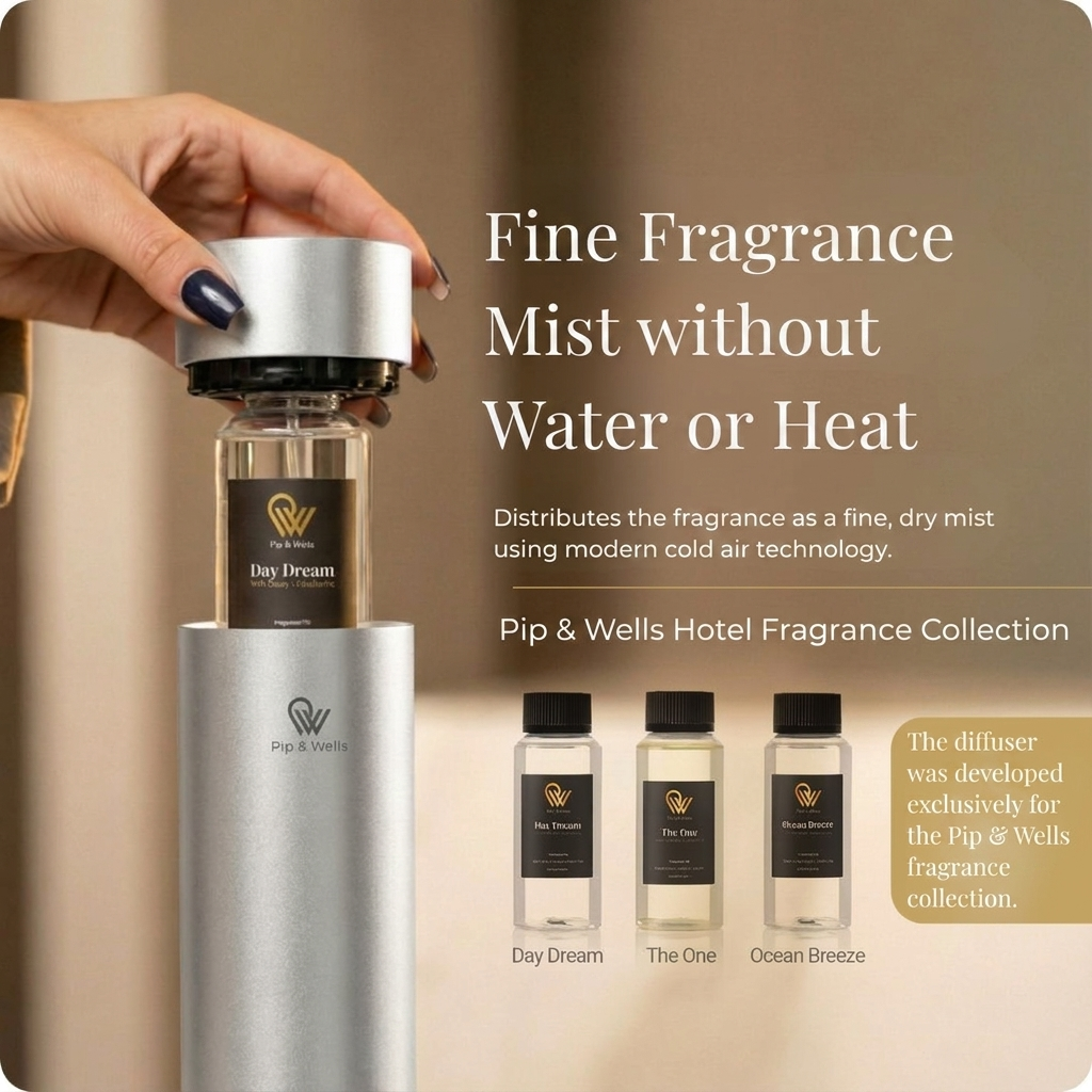 Hand som håller en Pip & Wells Pure One aromadiffusor i matt silver bredvid doftoljor ur Hotel Fragrance Collection