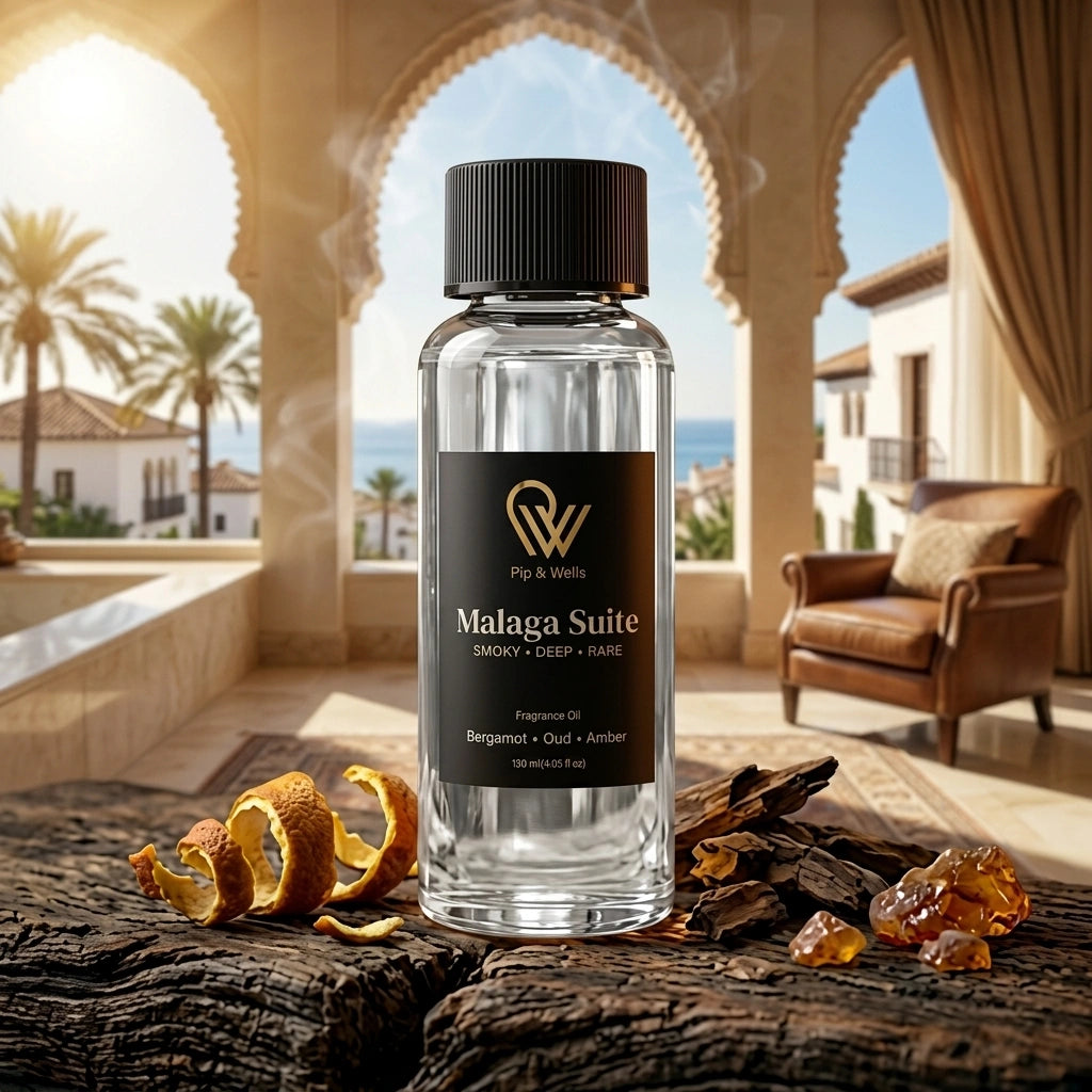 Flaska Malaga Suite doftolja på en träyta med dekorativa element och en naturskön bakgrund.