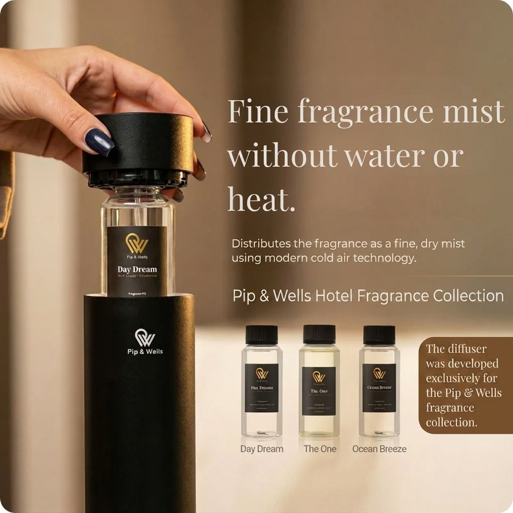 Pip & Wells Pure One aromadiffusor i matt svart med doftoljor ur Hotel Fragrance Collection mot beige bakgrund