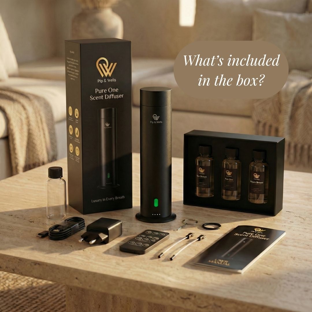 Pip & Wells Pure One aroma diffuser set on a wooden table with packaging and accessories