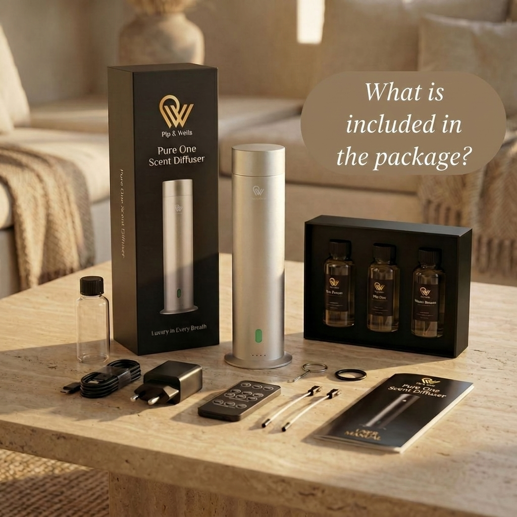 Pip & Wells Pure One aroma diffuser set in matte silver on a wooden table with packaging and accessories