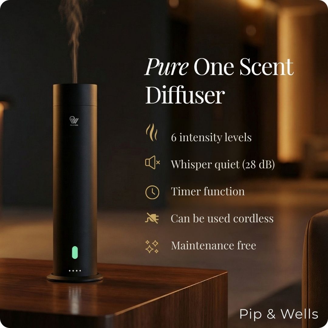Pip & Wells Pure One aroma diffuser in matte black on a wooden surface with key features listed