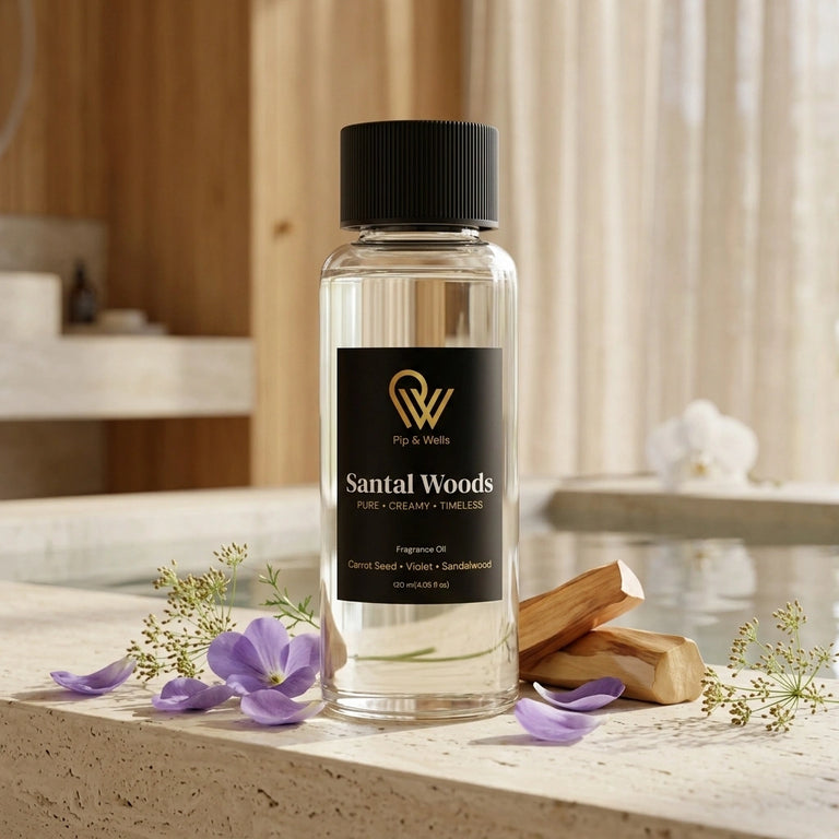 Pip & Wells Santal Woods, doftolja 120 ml, flaska med illustrationer av doftnoter