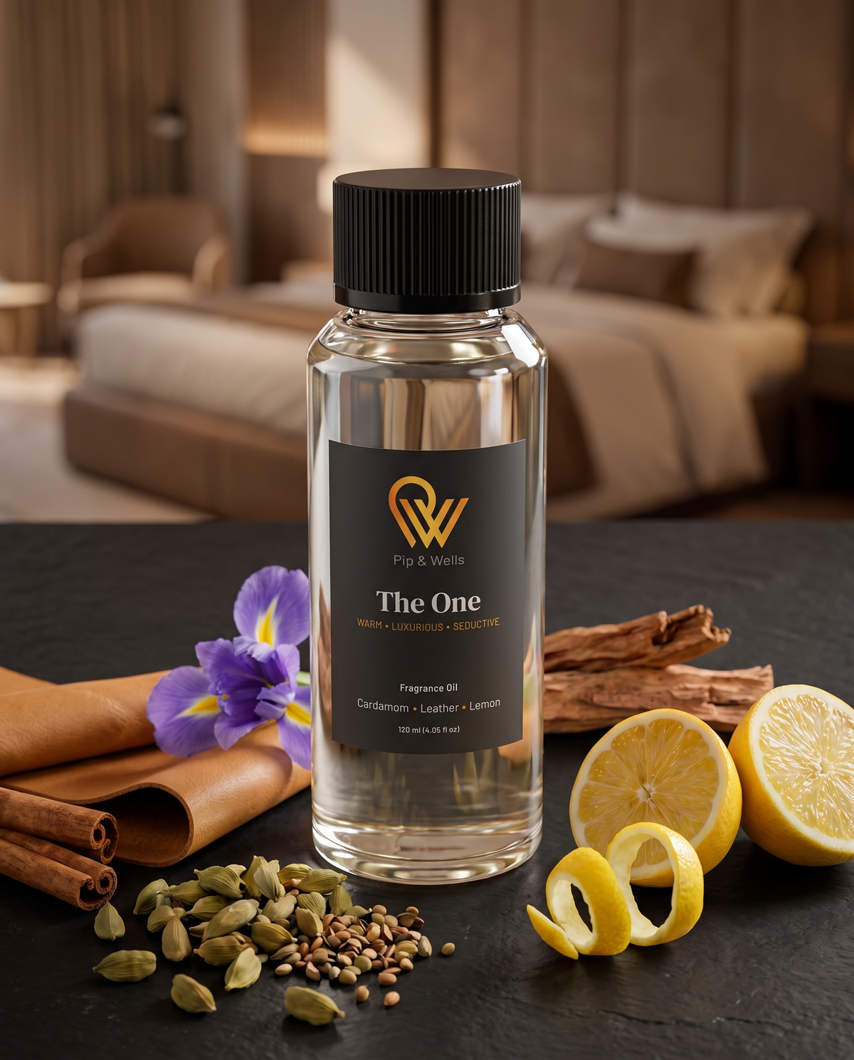 Pip & Wells The One fragrance oil 120 ml bottle surrounded by its scent notes: cardamom, lemon, cinnamon, cedarwood, leather and iris