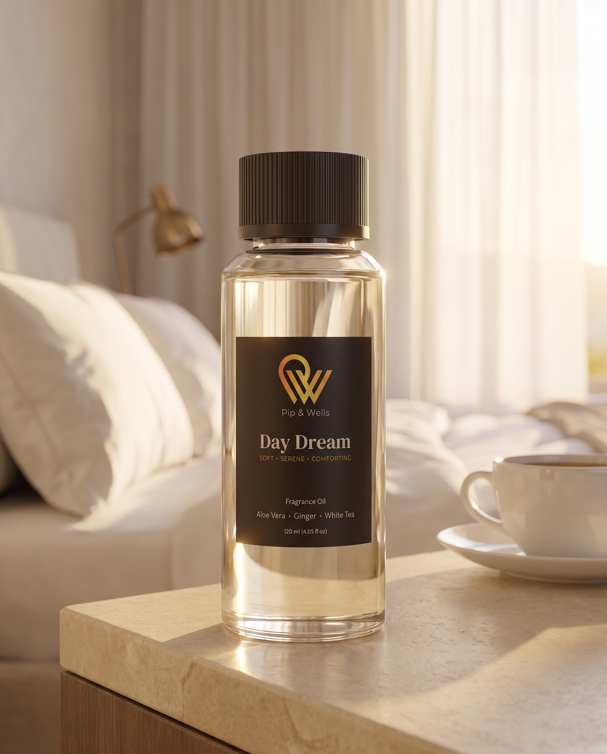 Pip & Wells Day Dream fragrance oil 120 ml bottle from the Essence of Luxury set on a bedside table in a hotel-style bedroom