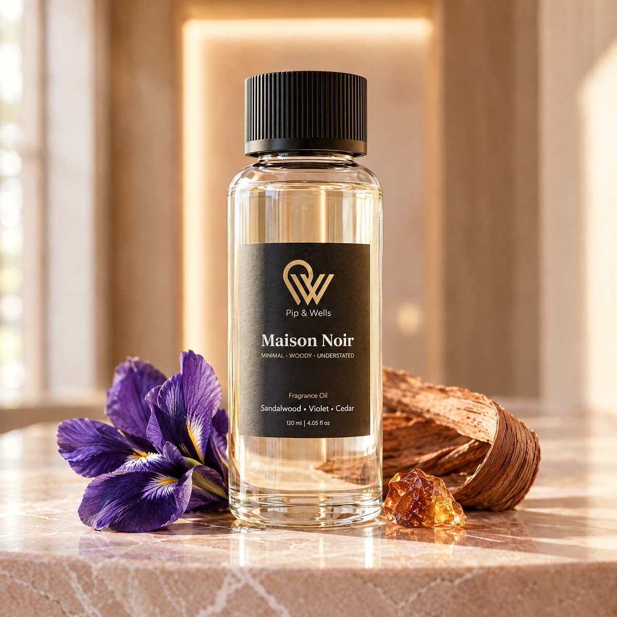 Close-up of Pip & Wells Maison Noir fragrance oil 120 ml with iris, cedar wood and amber resin