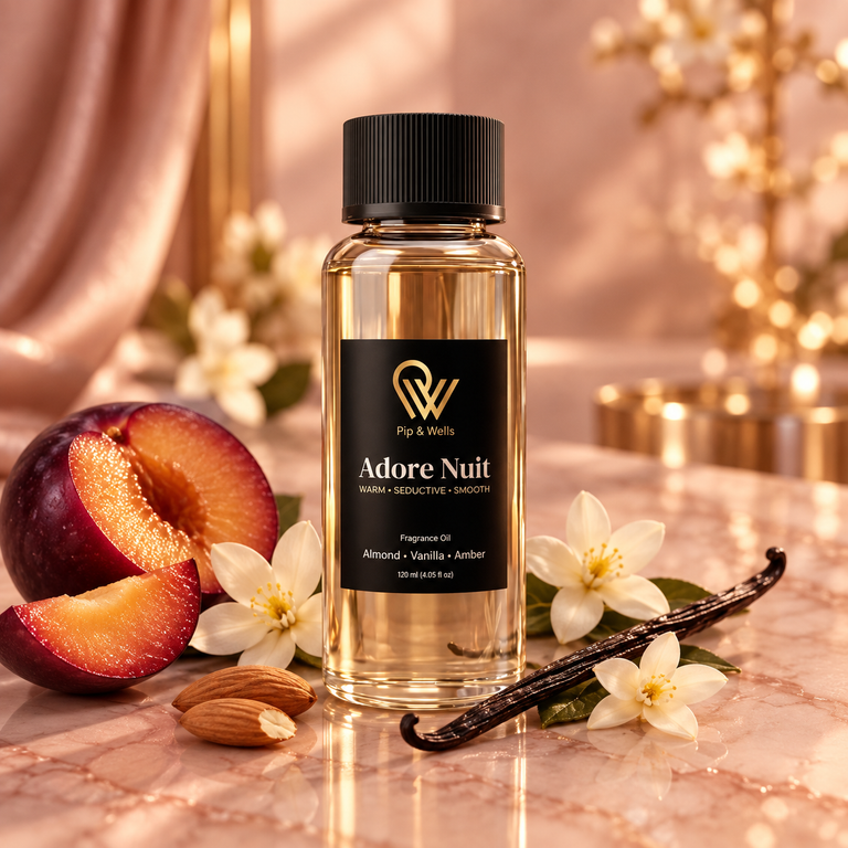 Pip & Wells Adore Nuit, doftolja 120 ml, flaska med illustrationer av doftnoter