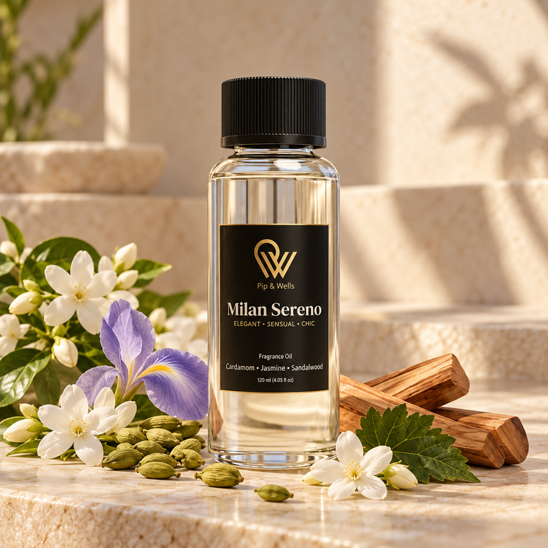Pip & Wells Milan Sereno, doftolja 120 ml, flaska med illustrationer av doftnoter