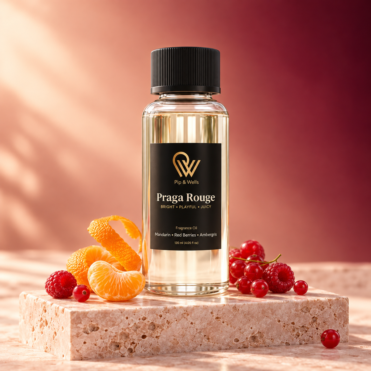 Pip & Wells Praga Rouge fragrance oil 120 ml bottle on a stone plinth with mandarin and red berries against a warm red backdrop